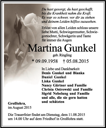 Traueranzeige von Martina Gunkel von Thüringer Allgemeine