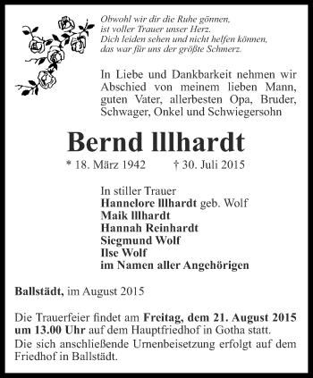 Traueranzeige von Bernd Illhardt von Ostthüringer Zeitung, Thüringische Landeszeitung