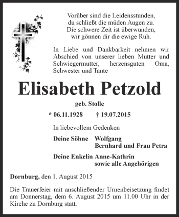 Traueranzeige von Elisabeth Petzold von Ostthüringer Zeitung, Thüringische Landeszeitung