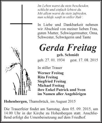 Traueranzeige von Gerda Freitag von Thüringer Allgemeine, Thüringische Landeszeitung