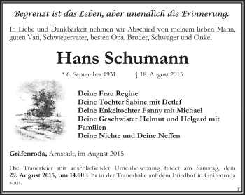 Traueranzeige von Hans Schumann von Thüringer Allgemeine