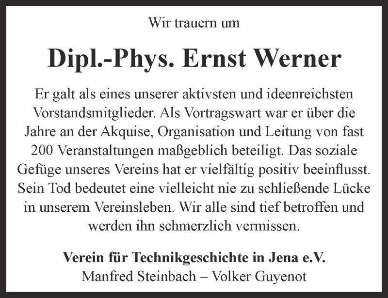  Traueranzeige für Ernst Werner vom 08.08.2015 aus Ostthüringer Zeitung, Thüringische Landeszeitung