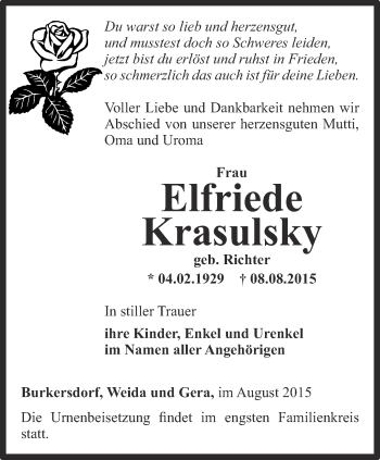 Traueranzeige von Elfriede Krasulsky von Ostthüringer Zeitung