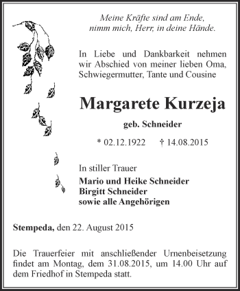 Traueranzeige von Margarete Kurzeja von Thüringer Allgemeine