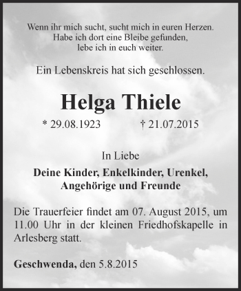 Traueranzeige von Helga Thiele von Thüringer Allgemeine