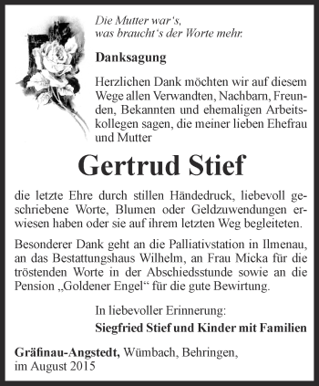 Traueranzeige von Gertrud Stief von Thüringer Allgemeine