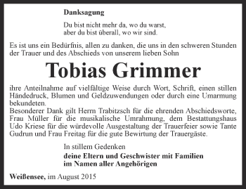 Traueranzeige von Tobias Grimmer von Thüringer Allgemeine