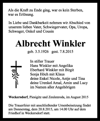 Traueranzeige von Albrecht Winkler von Ostthüringer Zeitung