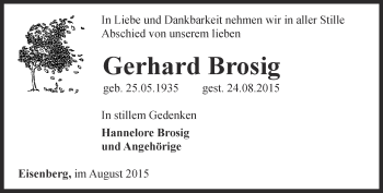 Traueranzeige von Gerhard Brosig von Ostthüringer Zeitung