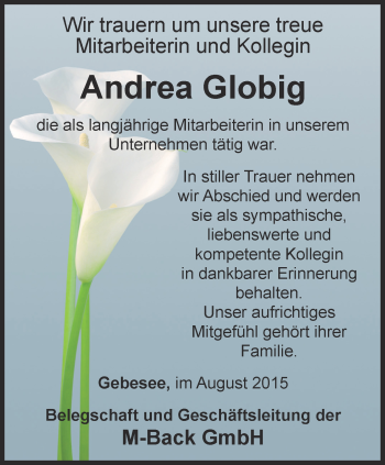 Traueranzeige von Andrea Globig von Thüringer Allgemeine