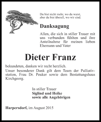 Traueranzeige von Franz Dieter von Ostthüringer Zeitung