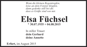 Traueranzeige von Elsa Füchsel von Thüringer Allgemeine, Thüringische Landeszeitung