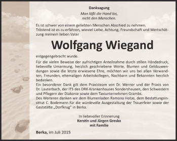 Traueranzeige von Wolfgang Wiegand von Thüringer Allgemeine