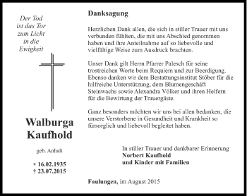 Traueranzeige von Walburga Kaufhold von Thüringer Allgemeine, Thüringische Landeszeitung