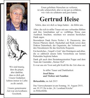 Traueranzeige von Gertrud Heise von Thüringer Allgemeine