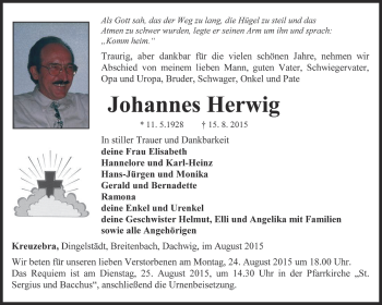 Traueranzeige von Johannes Herwig von Thüringer Allgemeine