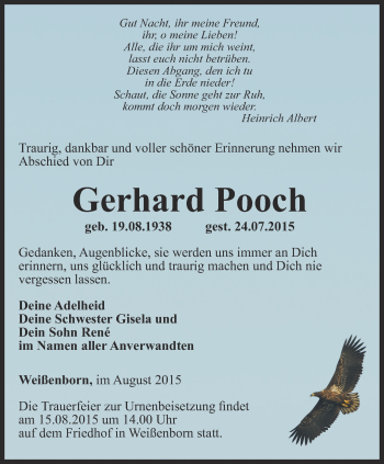Traueranzeige von Gerhard Pooch von Ostthüringer Zeitung