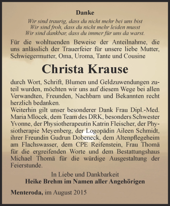 Traueranzeige von Christa Krause von Thüringer Allgemeine, Thüringische Landeszeitung