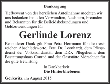 Traueranzeige von Gerlinde Lorenz von Ostthüringer Zeitung