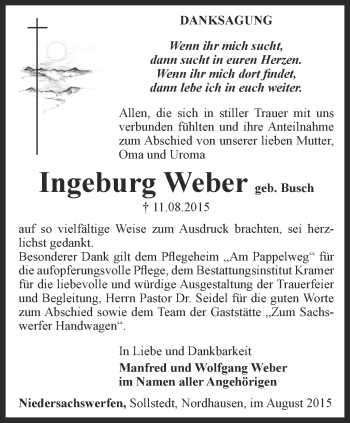 Traueranzeige von Ingeburg Weber von Thüringer Allgemeine