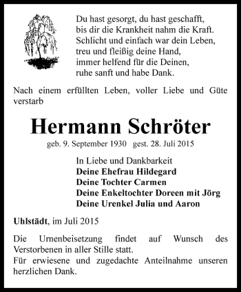 Traueranzeige von Hermann Schröter von Ostthüringer Zeitung