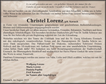 Traueranzeige von Christel Lorenz von Thüringer Allgemeine, Thüringische Landeszeitung