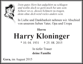 Traueranzeige von Harry Kloninger von Ostthüringer Zeitung
