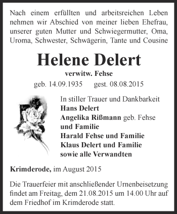 Traueranzeige von Helene Delert von Thüringer Allgemeine