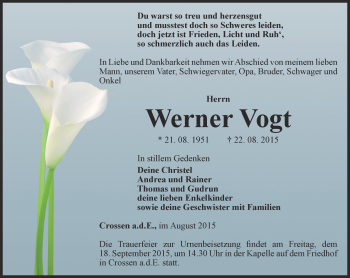 Traueranzeige von Werner Vogt von Ostthüringer Zeitung