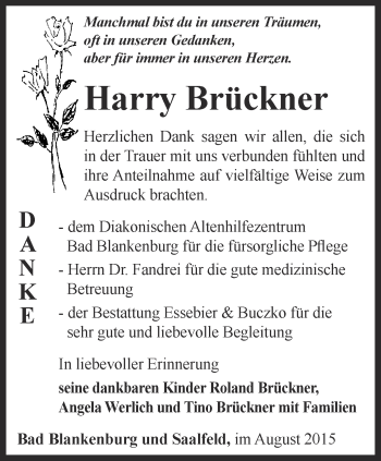 Traueranzeige von Harry Brückner von Ostthüringer Zeitung