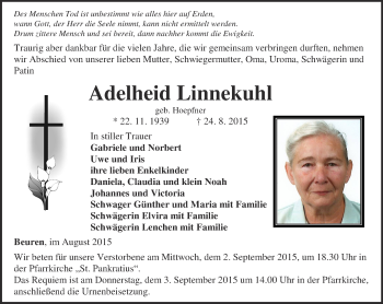 Traueranzeige von Adelheid Linnekuhl von Thüringer Allgemeine