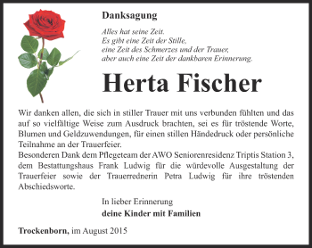 Traueranzeige von Herta Fischer von Ostthüringer Zeitung