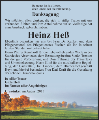 Traueranzeige von Heinz Heß von Ostthüringer Zeitung, Thüringische Landeszeitung