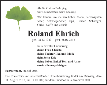 Traueranzeige von Roland Ehrich von Thüringer Allgemeine