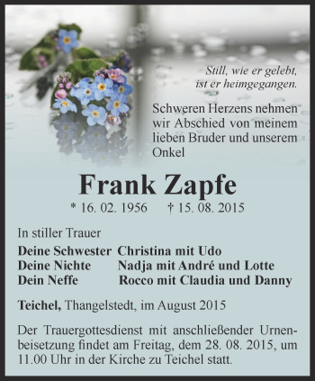 Traueranzeige von Frank Zapfe von Ostthüringer Zeitung