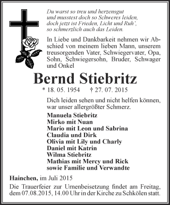 Traueranzeige von Bernd Stiebritz     von Ostthüringer Zeitung