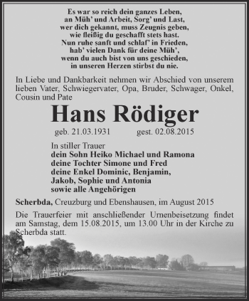 Traueranzeige von Hans Rödiger von Thüringer Allgemeine, Thüringische Landeszeitung