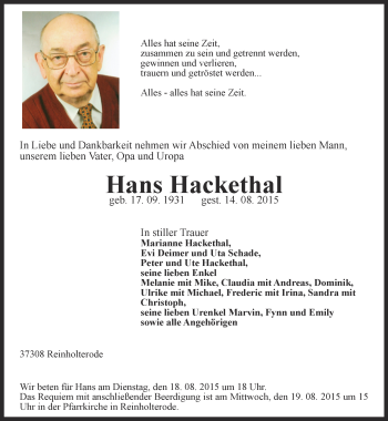 Traueranzeige von Hans Hackethal von Thüringer Allgemeine