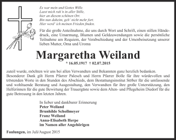 Traueranzeige von Margarete Weiland von Thüringer Allgemeine, Thüringische Landeszeitung