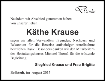 Traueranzeige von Käthe Krause von Thüringer Allgemeine, Thüringische Landeszeitung