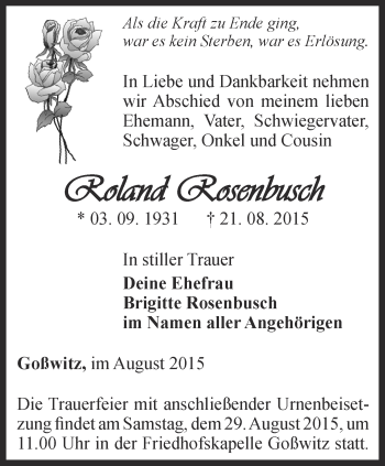 Traueranzeige von Roland Rosenbusch von Ostthüringer Zeitung