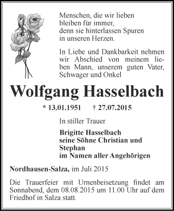 Traueranzeige von Wolfgang Hasselbach von Thüringer Allgemeine