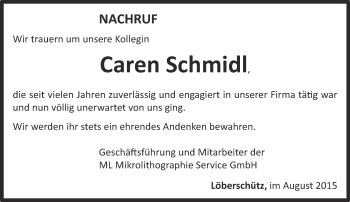 Traueranzeige von Caren Schmidl von Ostthüringer Zeitung, Thüringische Landeszeitung