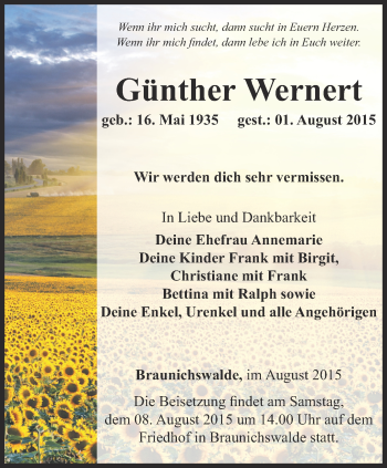 Traueranzeige von Günther Wernert von Ostthüringer Zeitung