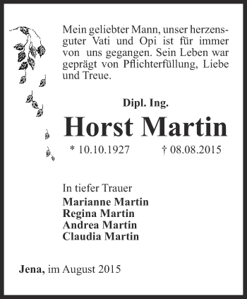 Traueranzeige von Horst Martin von Ostthüringer Zeitung, Thüringische Landeszeitung