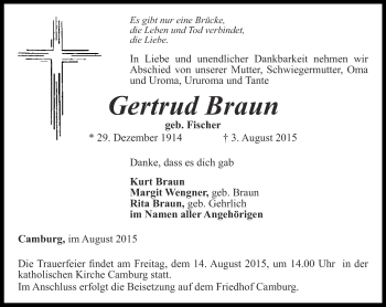 Traueranzeige von Gertrud Braun von Ostthüringer Zeitung, Thüringische Landeszeitung