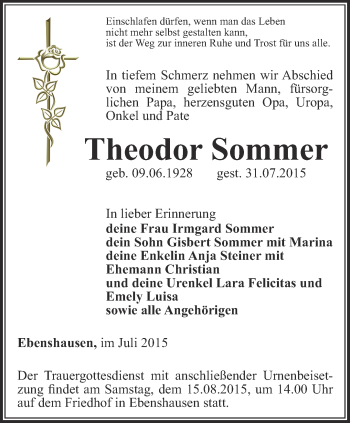 Traueranzeige von Theodor Sommer von Thüringer Allgemeine, Thüringische Landeszeitung