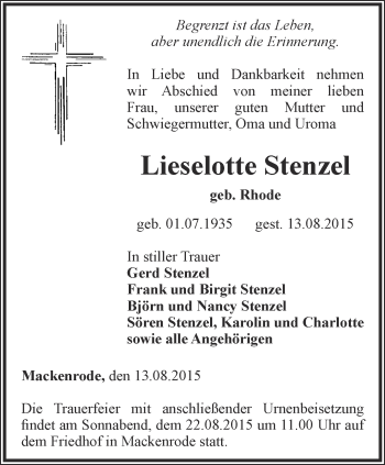 Traueranzeige von Lieselotte Stenzel von Thüringer Allgemeine