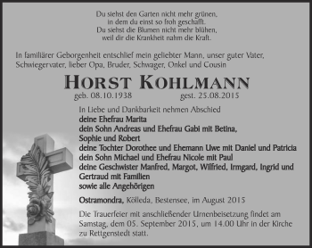 Traueranzeige von Horst Kohlmann von Thüringer Allgemeine