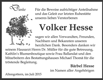 Traueranzeige von Volker Hesse von Thüringer Allgemeine, Thüringische Landeszeitung